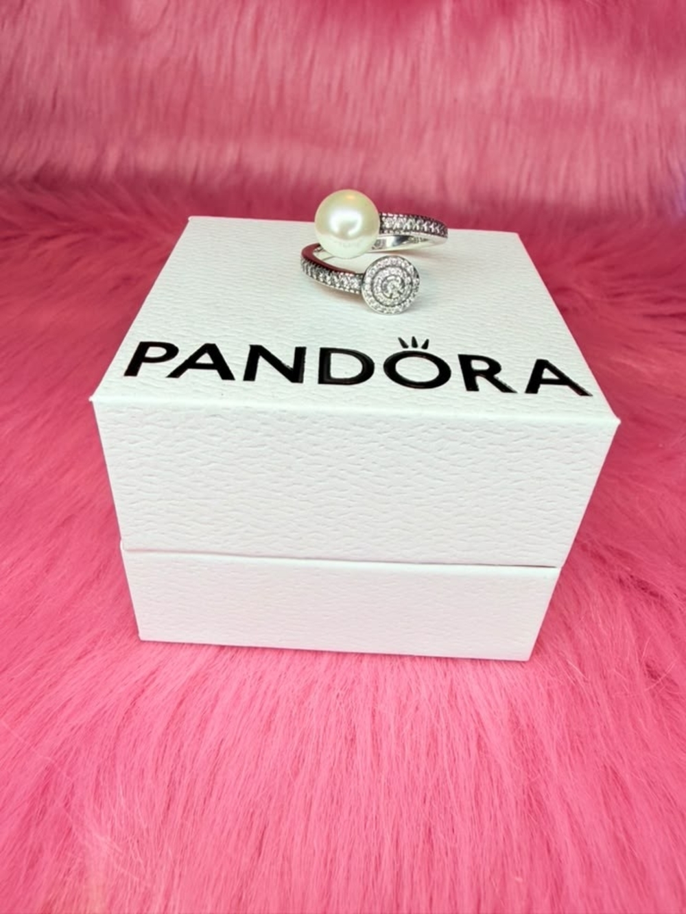 Pandora Silver Ring with White Pearl and Clear Stones